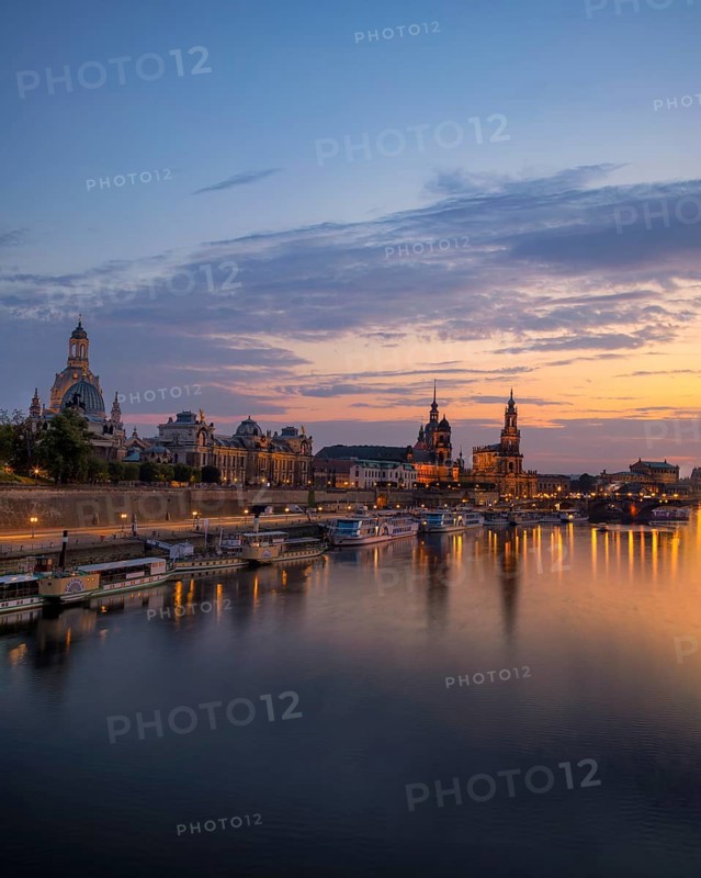 Silhouette of Dresden's Old Town in the evening on the Elbe