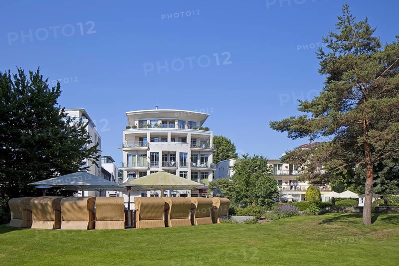 Hotels and roofed wicker beach chairs at Timmendorfer Strand