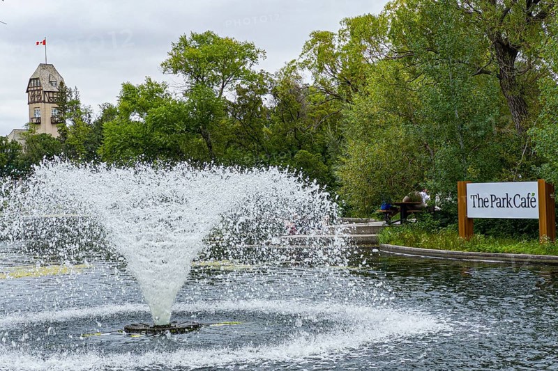 Fountain in the duck pond near the Park Cafe in Aissiniboine Park