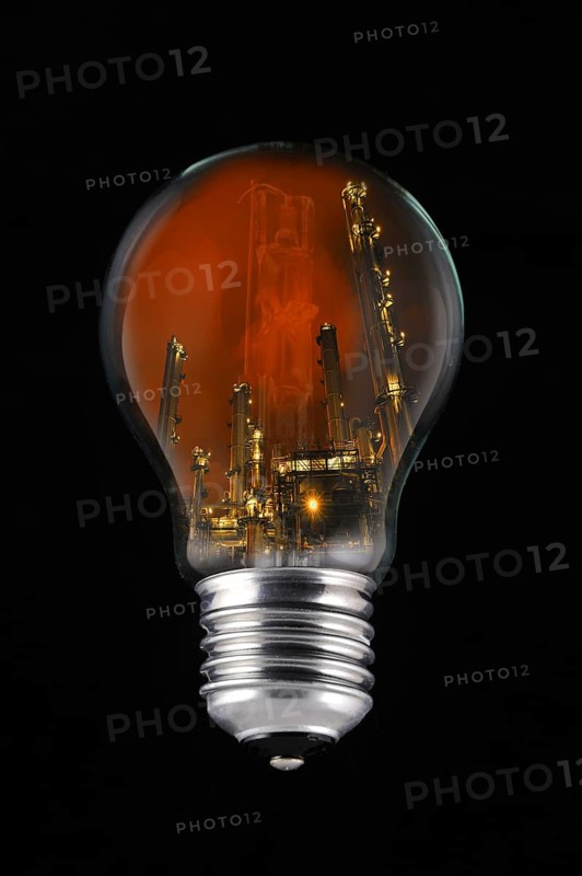 Lightning during thunderstorm above petrochemical industry inside incandescent lamp