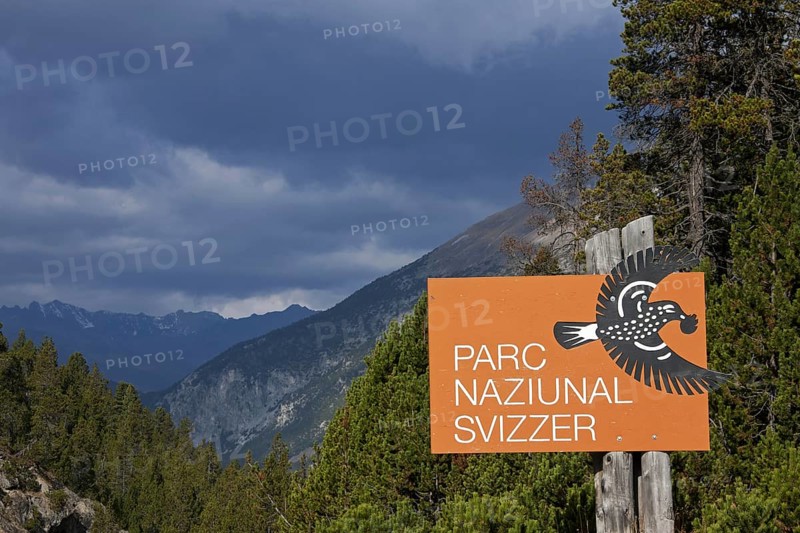Sign showing logo of the Swiss National Park at Graubuenden