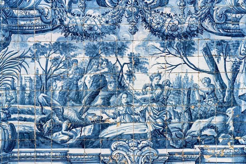 Mural of typical blue tiles azulejos in the Se do Porto Cathedral