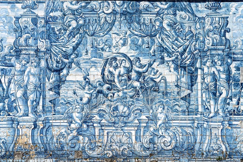 Mural of typical blue tiles azulejos in the Se do Porto Cathedral