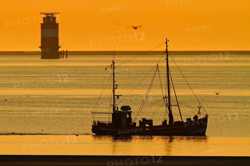Crab cutter at sunrise in the Weser fairway off Minsener Oog
