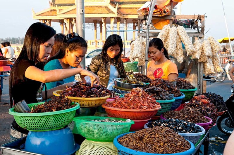 Roasted insects being sold at the market
