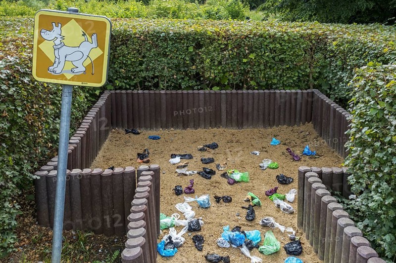 Fenced sandy public dog toilet area in city park filled with colourful discarded plastic dog poop bags