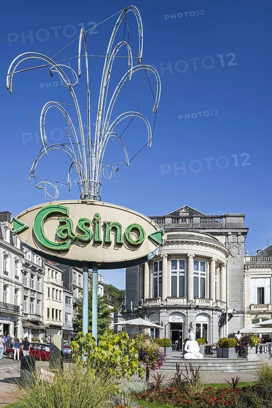 Park and sign in front of the Casino de Spa and brasserie in summer in the city Spa