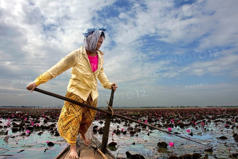 Woman in boat at sea with water lilies