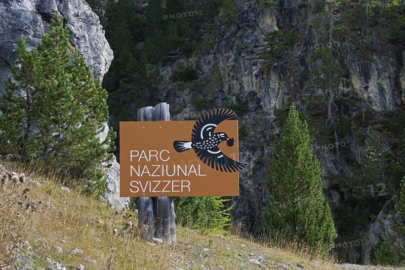 Sign showing logo of the Swiss National Park at Graubuenden