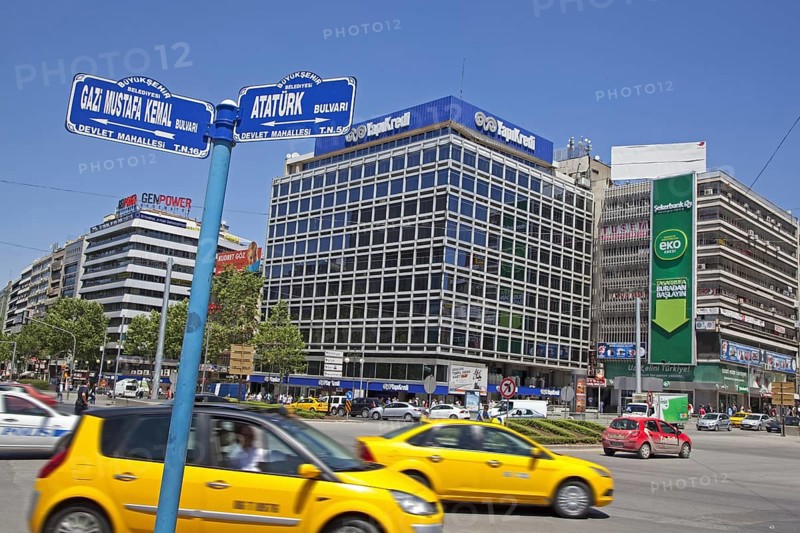 Yellow taxis on the Ataturk boulevard in the city Ankara