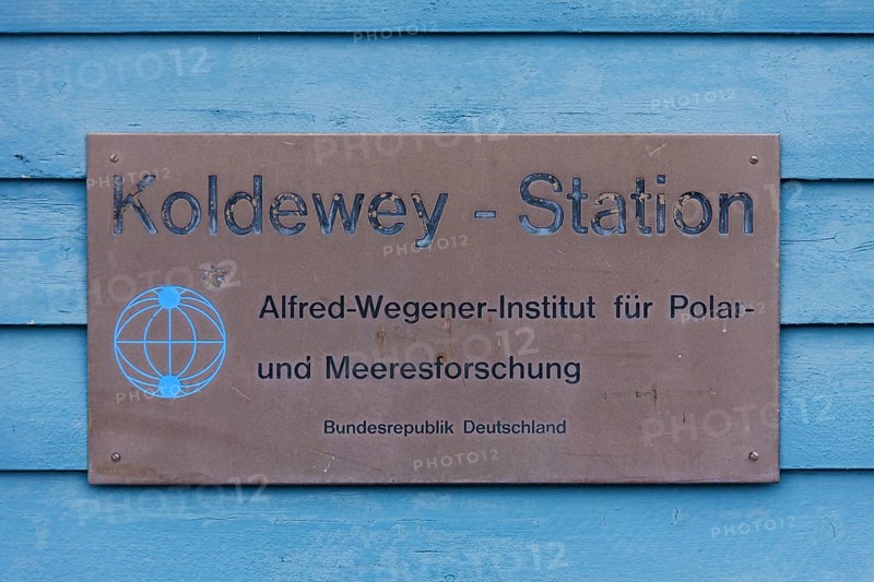 Sign with logo of the Koldewey Station for Arctic and marine research at Ny-Alesund on Svalbard