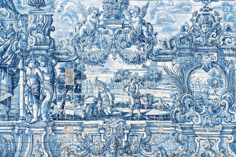 Mural of typical blue tiles azulejos in the Se do Porto Cathedral