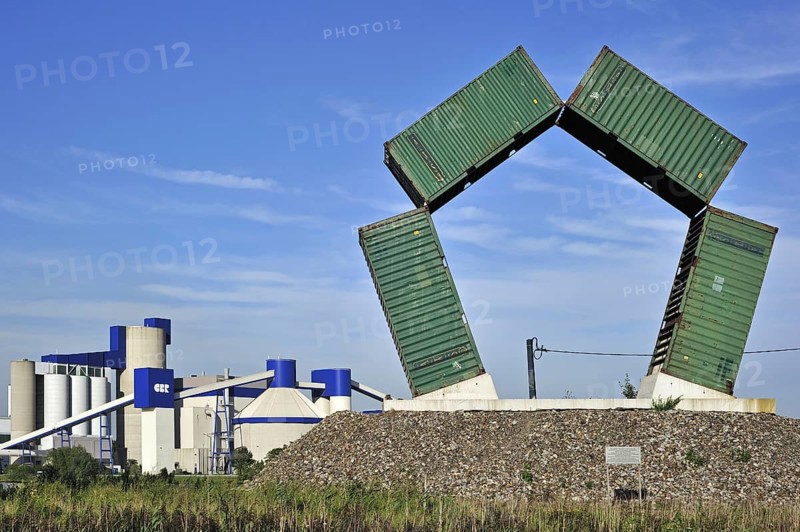 The artwork Speybank made of containers by artist Luc De Leu along the Ghent-Terneuzen Canal at Ghent seaport