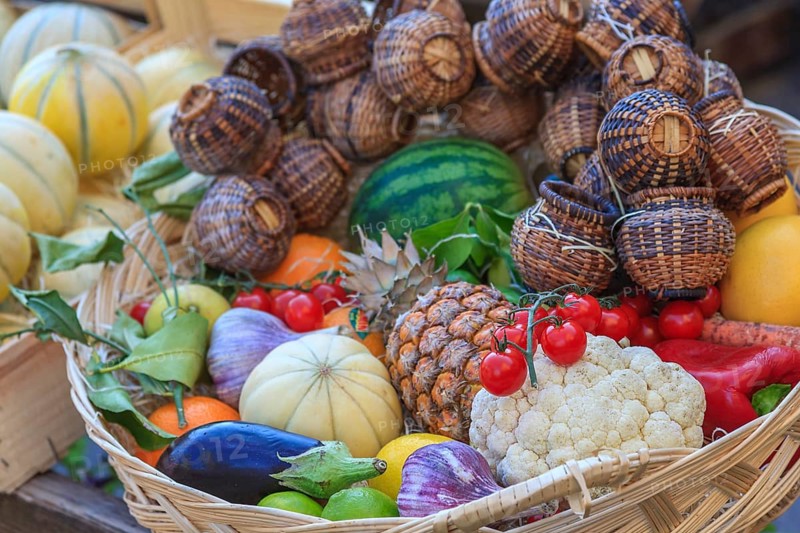 Basket with various fruits and vegetables