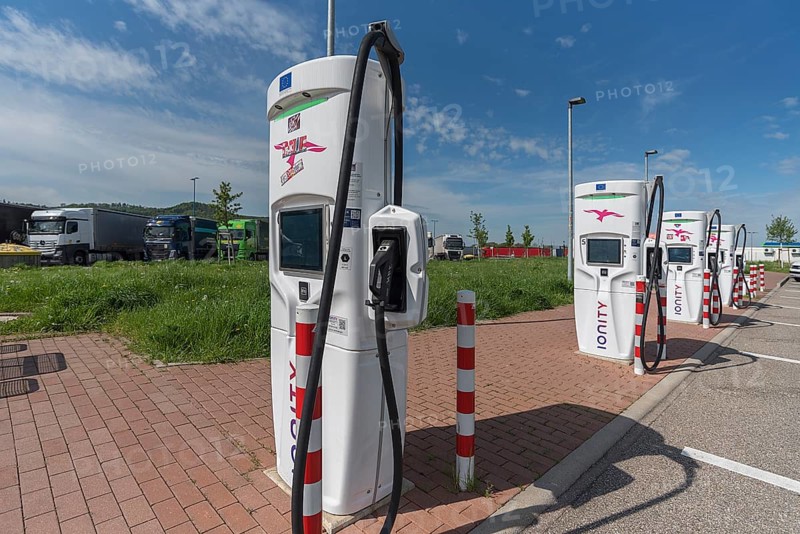 Charging stations for electric cars at a service area on the A5 Nuremberg-Heilbronn motorway