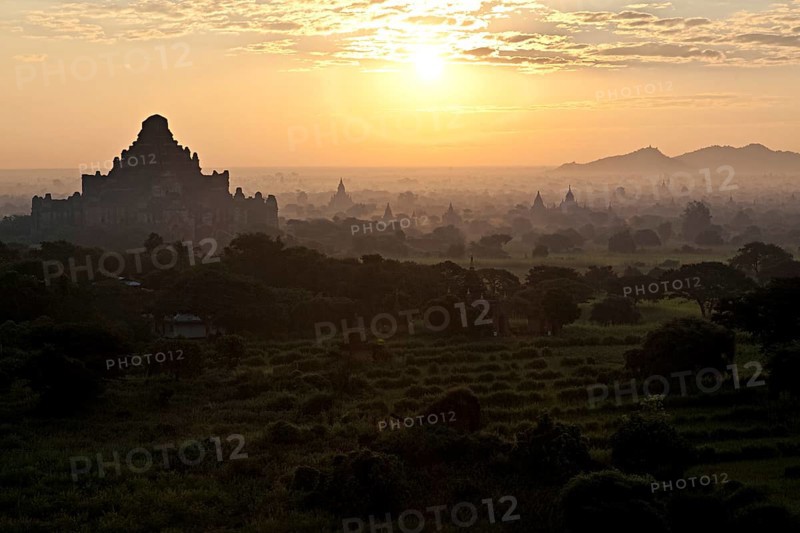 Stupas and pagodas at sunset