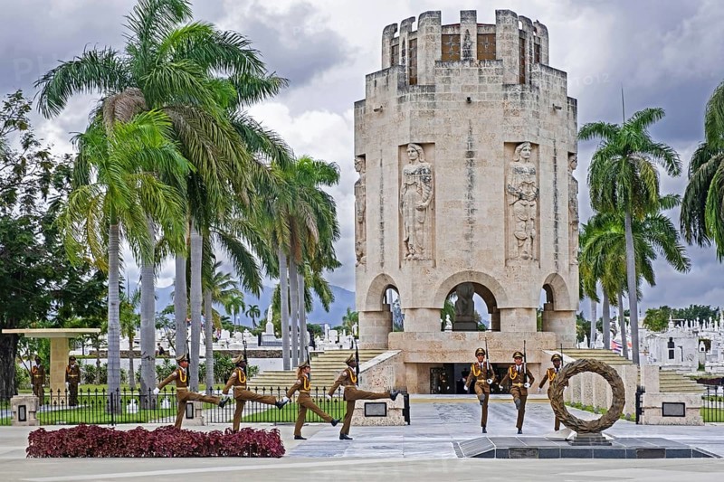 Changing of the Guards in front of the Mausoleum of Jose Marti in the Santa Ifigenia Cemetery in Santiago de Cuba on the island Cuba