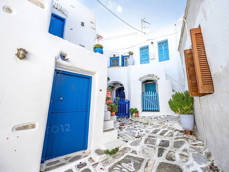 White Cycladic houses with blue doors and windows and flower pots
