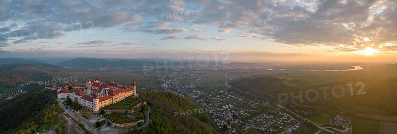 Aerial view of Goettweig Abbey and sunrise over the Danube