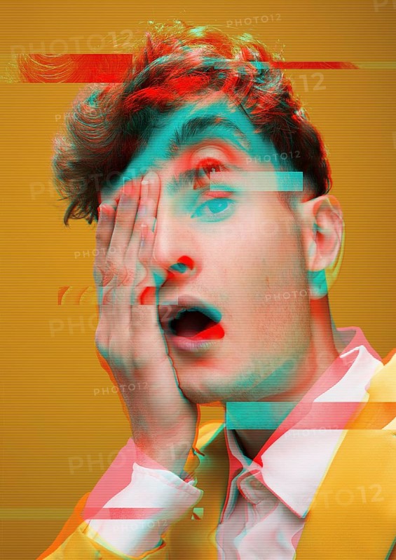 Close up portrait man making funny faces glitch effect