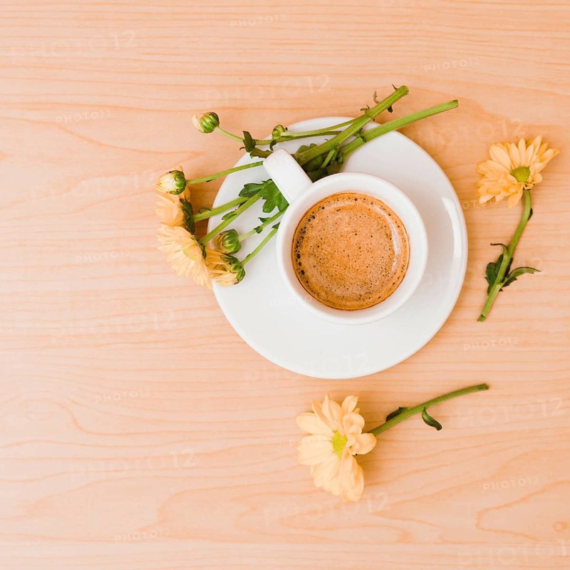 Overhead view coffee cup saucer with peach colored flowers wooden textured background