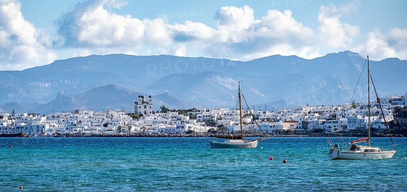 Local view of Naoussa town and blue sea