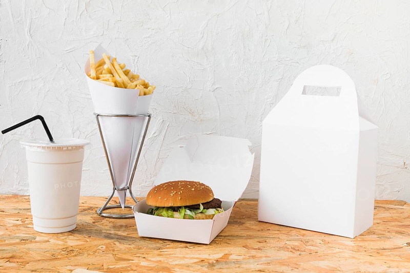 Burger french fries disposal cup food parcel mock up wooden table top