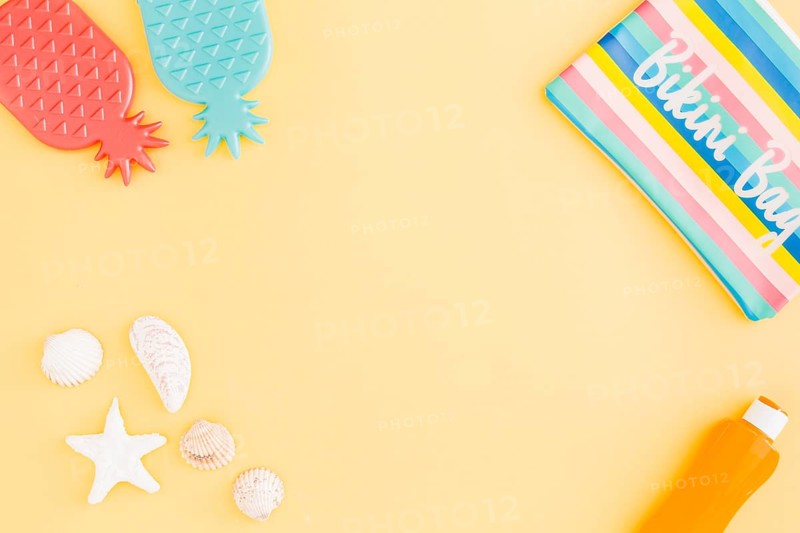 Set summer beach holiday accessories yellow background