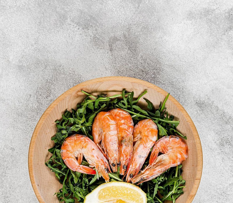 Top view plate with salad shrimp