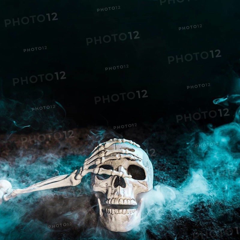 Skeleton s hand touching skull blue fog ground