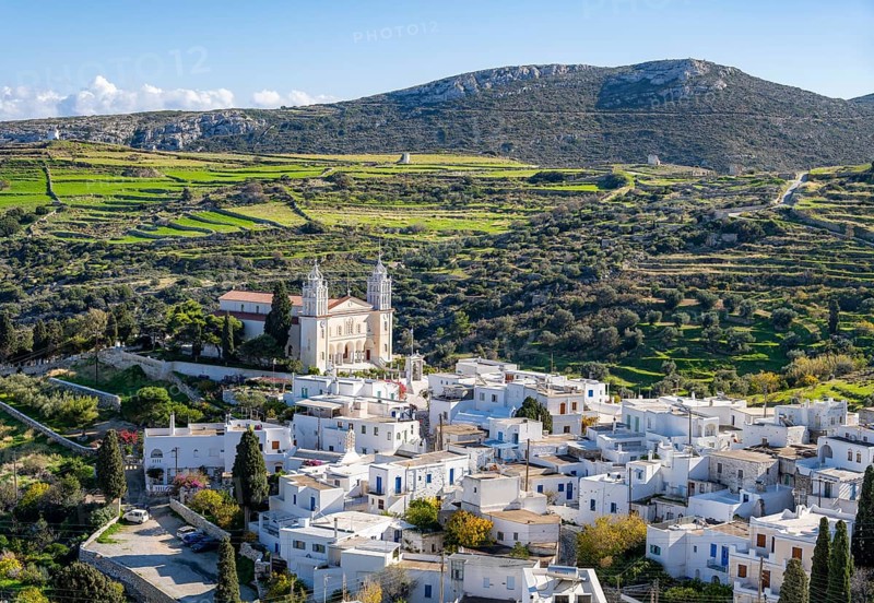 View over the village of Lefkes with white Cycladic houses
