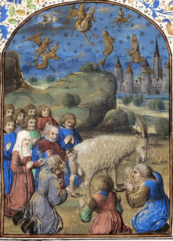 Symbolic representation against witches and devil worshippers. The people worship a goat while witches and devils cavort in heaven