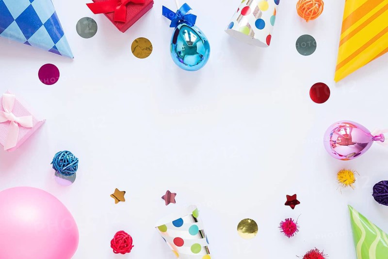 Top view party items white background