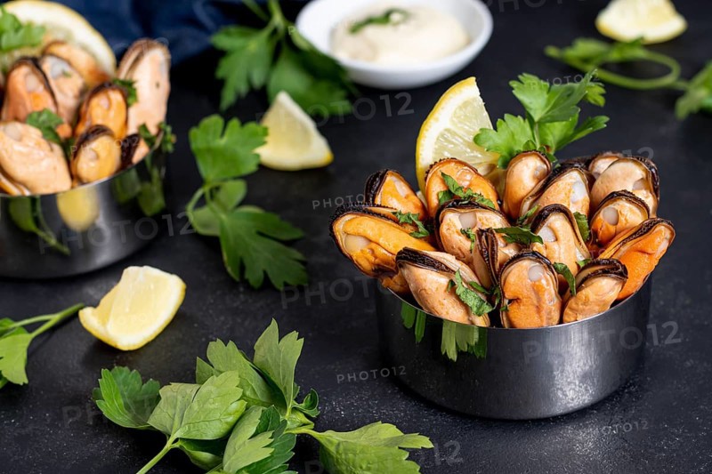 Close up tasty mussels with parsley