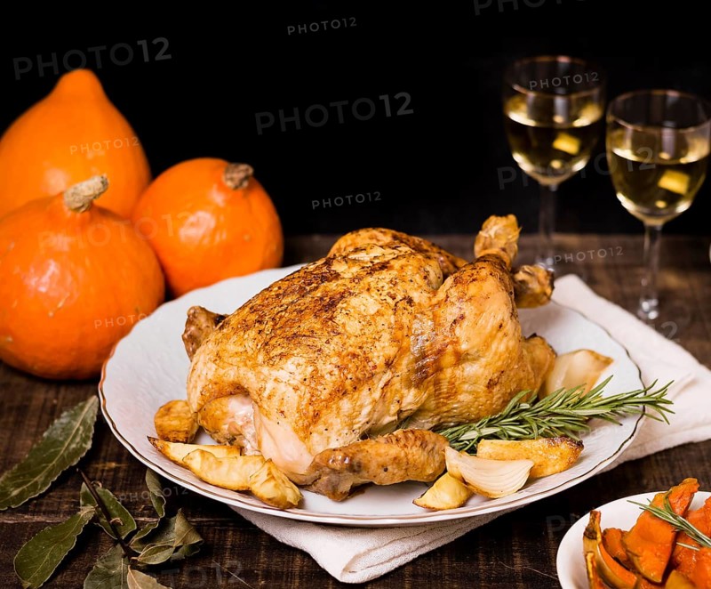 High angle roasted chicken plate thanksgiving dinner