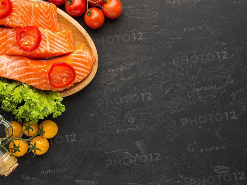 Salmon wooden board flat lay