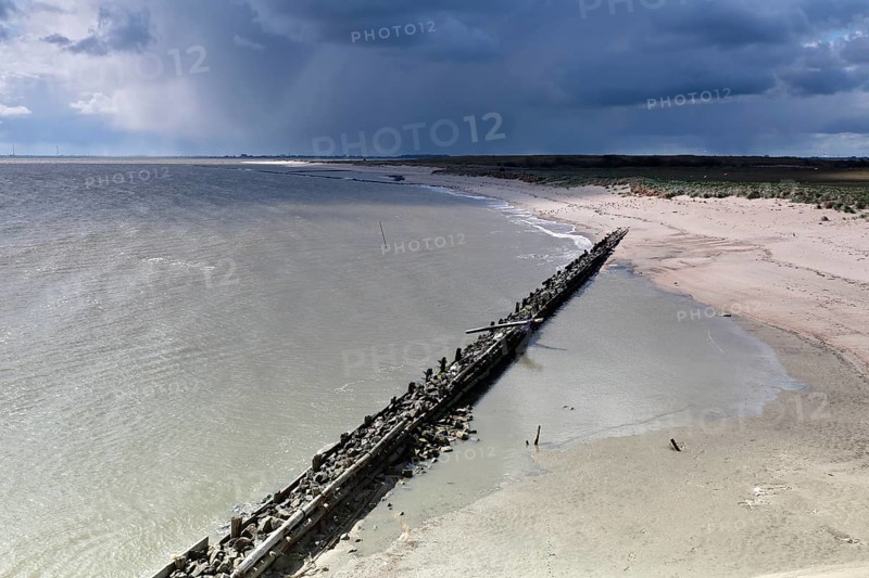 View from the radar tower of the island of Minsener Oog onto the eastern beach