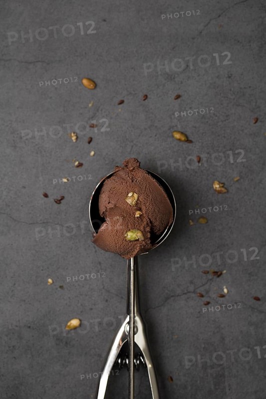 Flat lay ice cream scoop with chocolate flavor