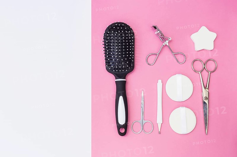Cuticle hair brush scissors sponge eyelash curler sponge pink backdrop