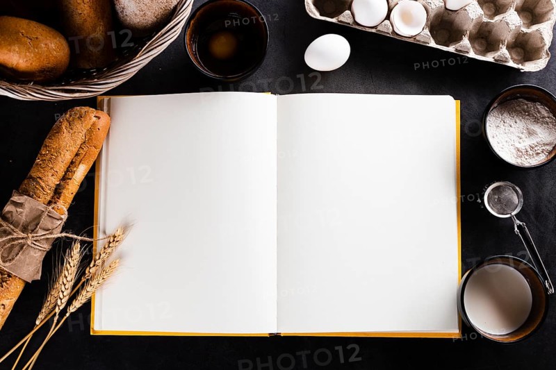 Flat lay notebook bread ingredients