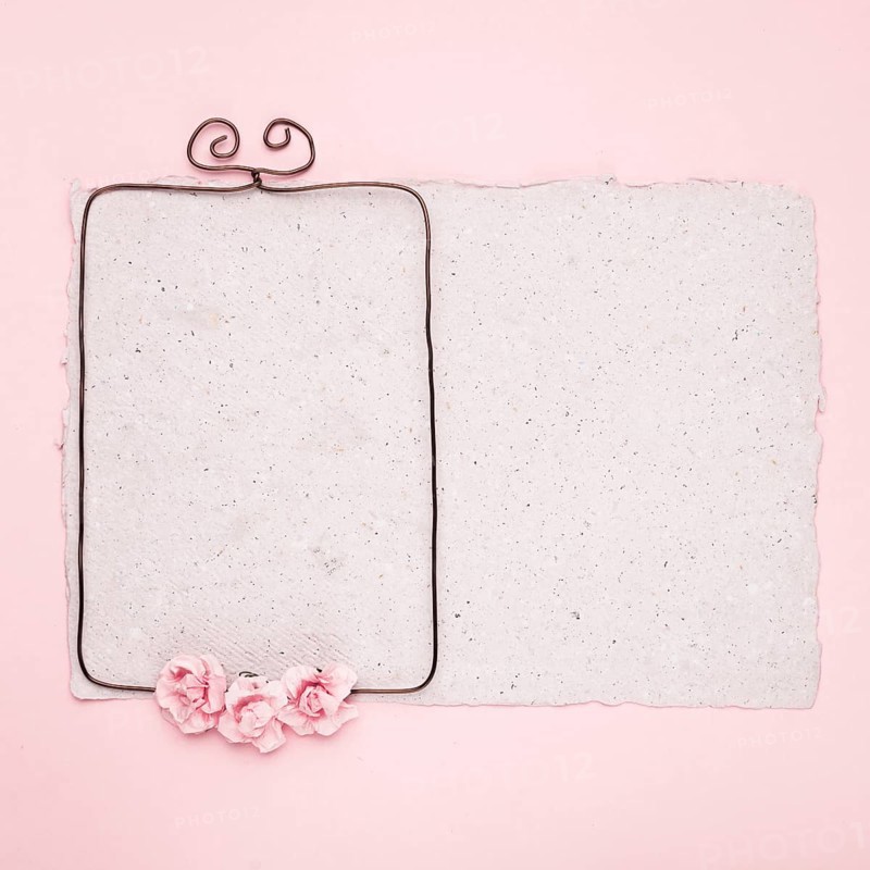 Rectangular wire frame decorated with roses paper against pink background