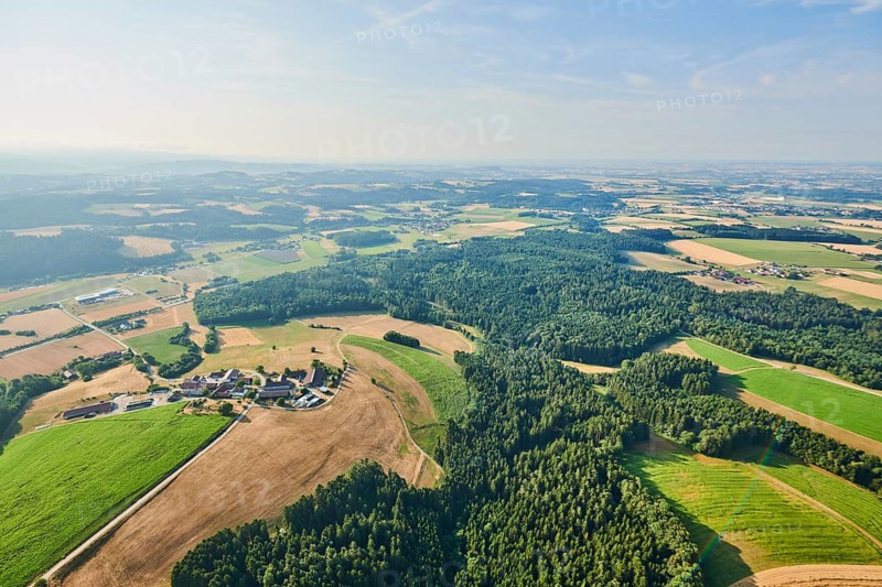 Aerial view over the fields and forests near Woerth an der Donau