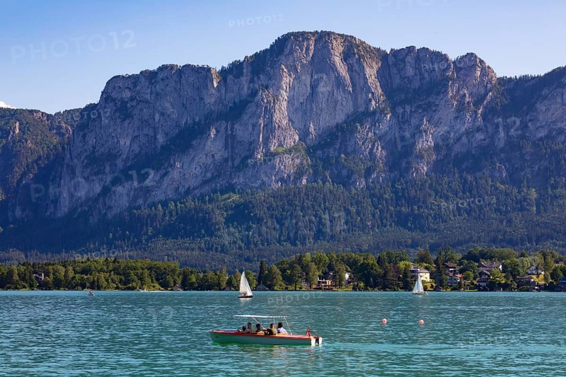 Electric boats on Lake Mondsee with Drachenwand