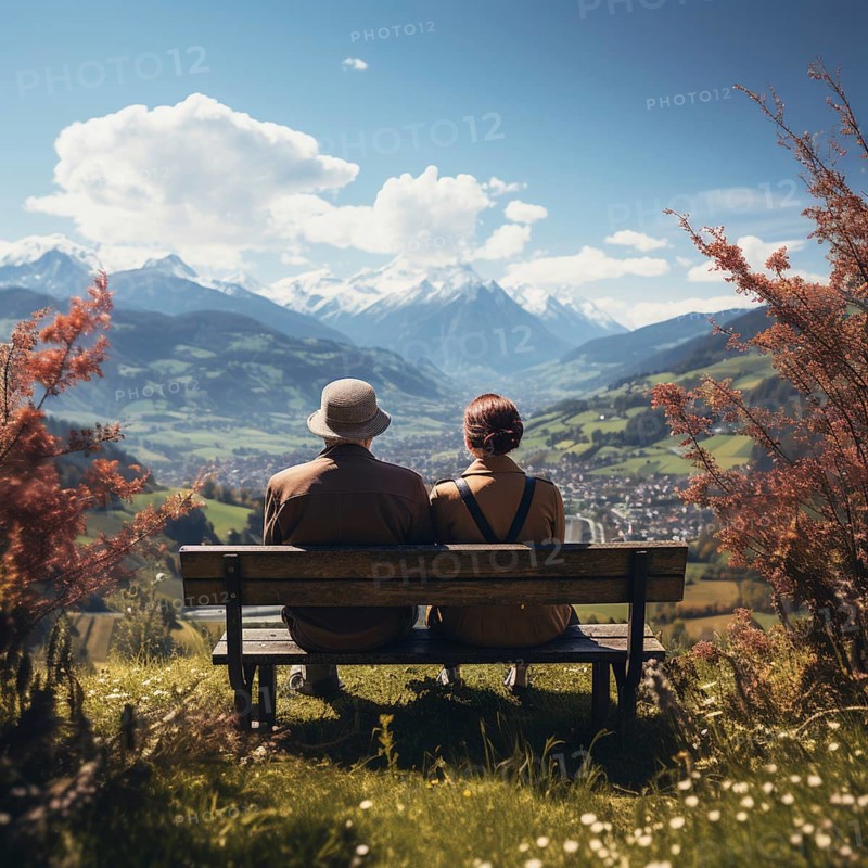 Retired couple sitting on a bench in the mountains and looking at the mountain panorama