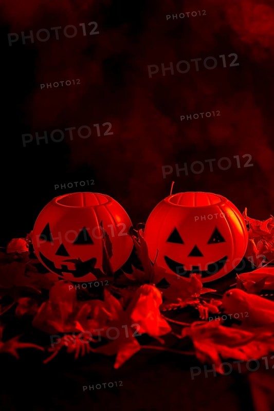Halloween pumpkins on autumn leaves with smoke on a red background