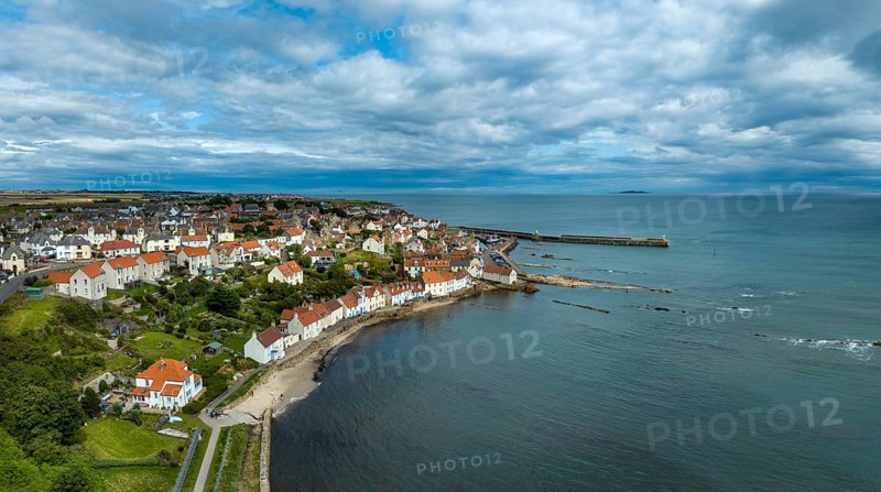 Aerial panorama of the fishing village of Pittenweem on the Firth of Forth