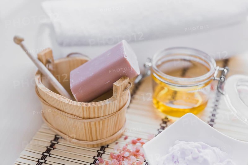 Soap cream near essential oil