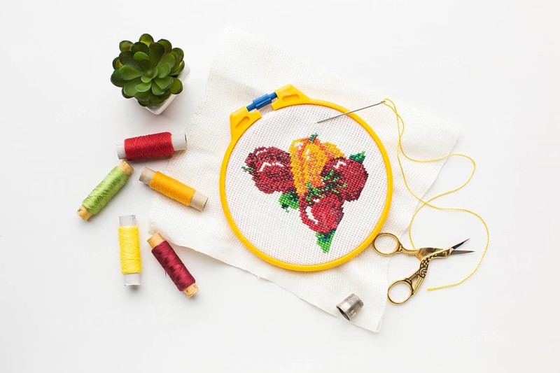 Fruit sewed design with sewing threads plant