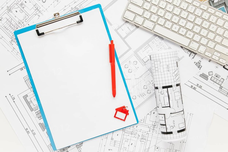 Top view blank clipboard keyboard blueprint