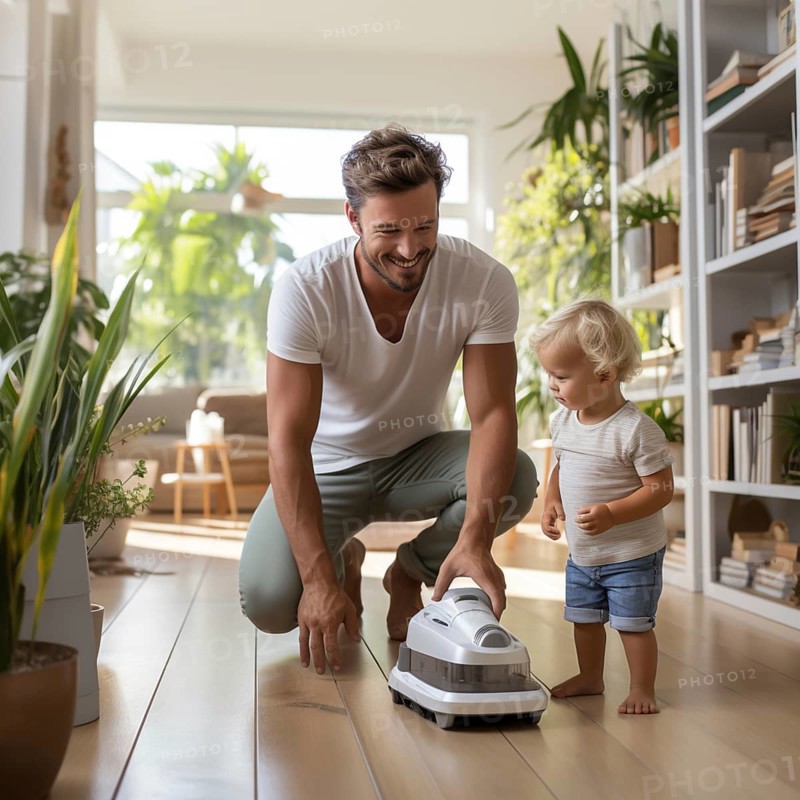 Family man vacuuming in the household